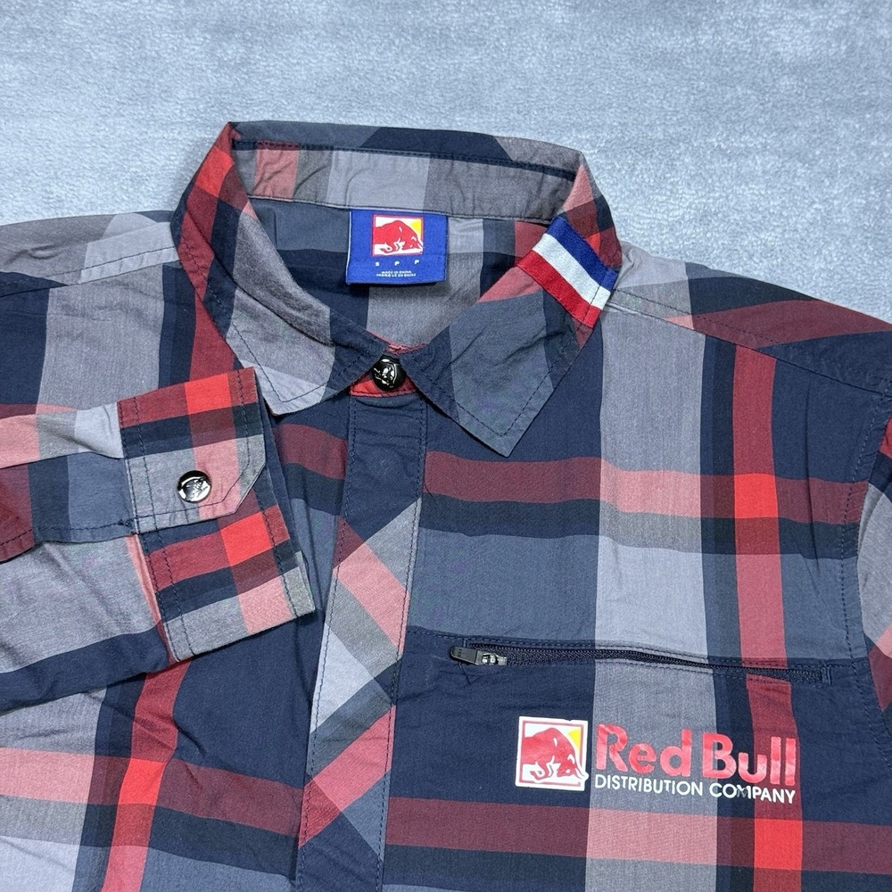 Red Bull Shirt Mens S Snap Button Distribution Co Plaid Woodsy Cabincore Grunge